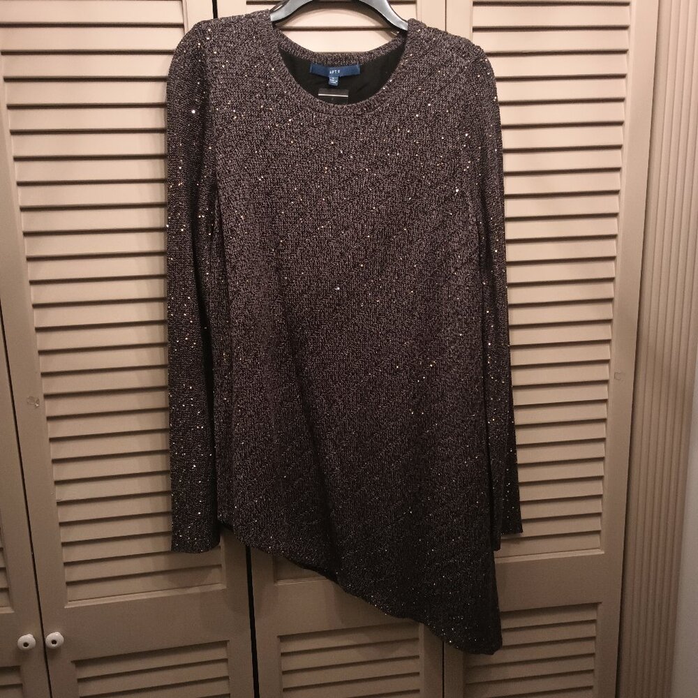 Apt 9 Long Sleeve Asymmetrical Hem Black Sparkly Top. L
